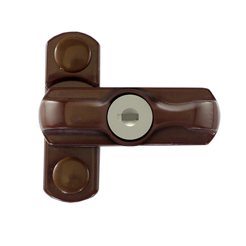 Brown locking window handle with keyhole in the center and two visible screw covers, viewed from the front against a transparent background