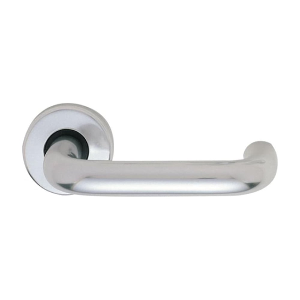 A silver aluminium lever on rose door handle.