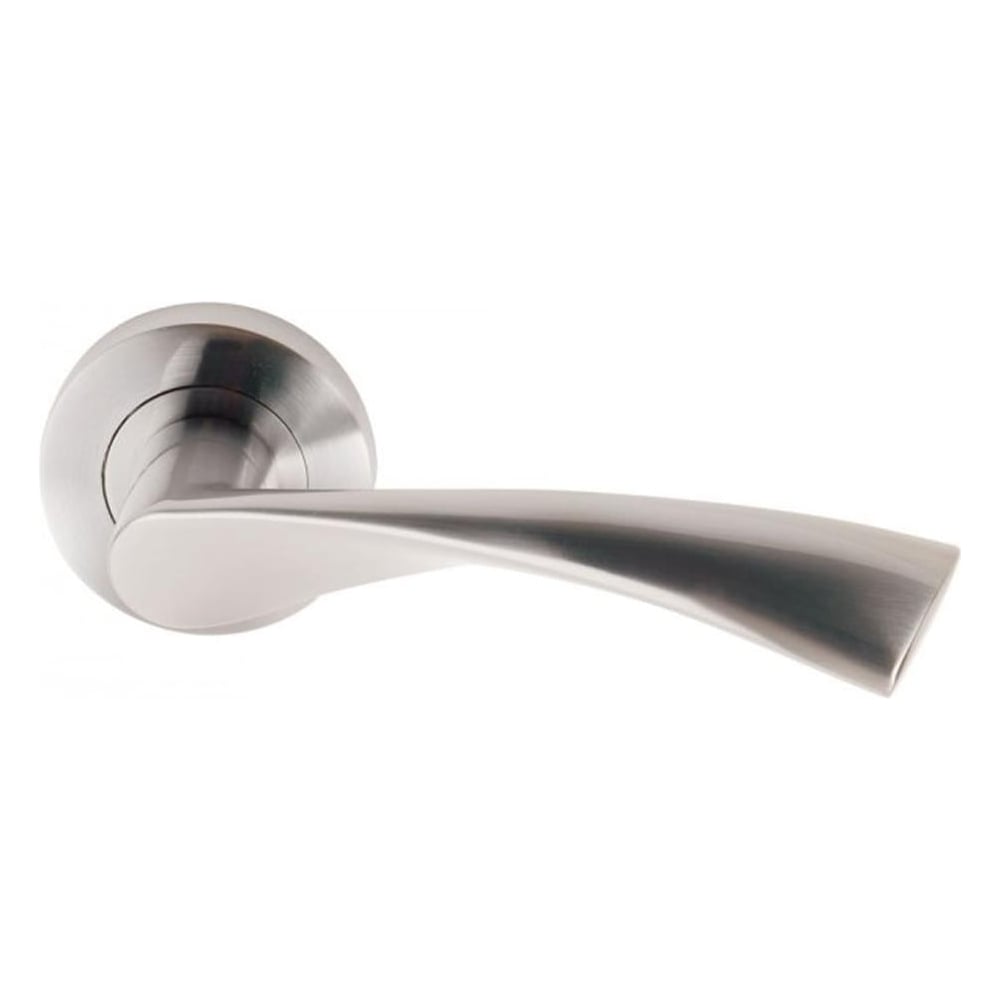 A satin chrome designer door handle with a lever on a rose design.