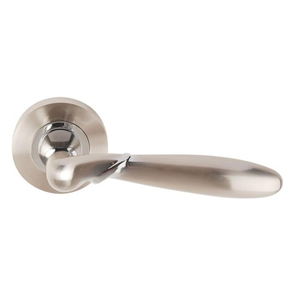 A satin nickel polished chrome door handle with a lever on a rose design.