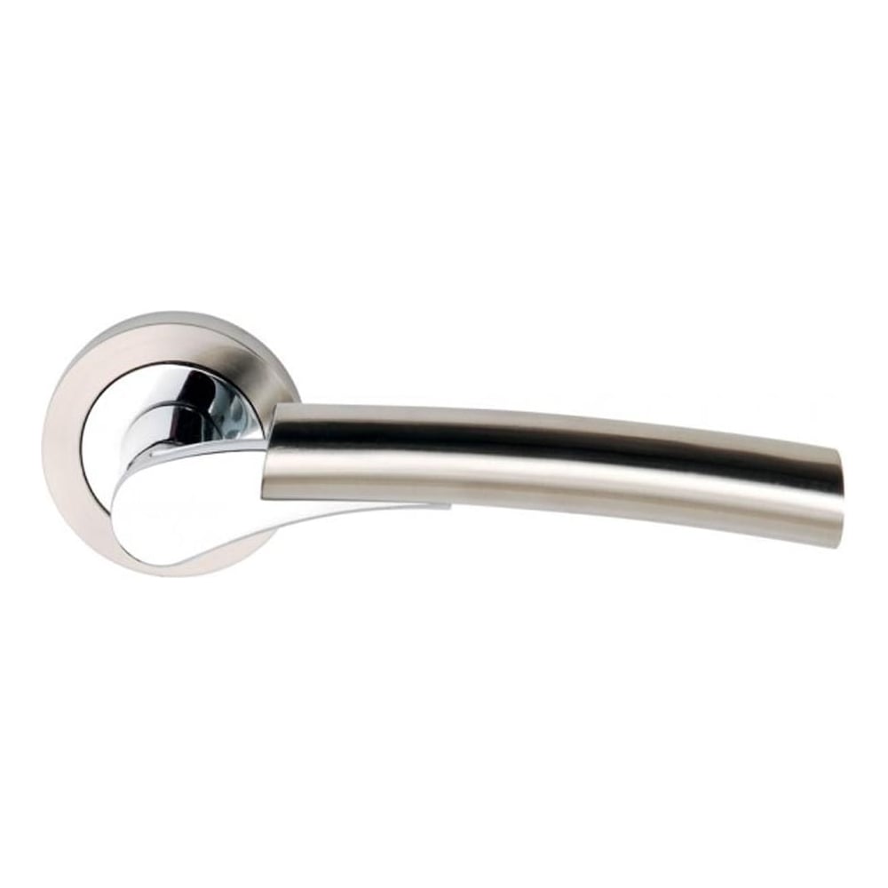A satin nickel polished chrome door handle with a lever shape and a rose design.