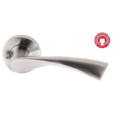 Sleek, modern stainless steel door handle with a curved lever design. The handle features a push button privacy lock mechanism on the circular rose plate, indicated by a red circular "Push Button Privacy" logo to the right. 