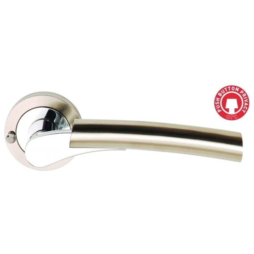 A satin nickel polished chrome designer door handle with a lever on a rose design.