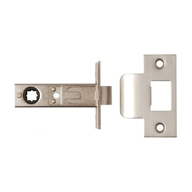 A metal door latch bolt and matching strike plate. The latch bolt has a rectangular faceplate and a protruding bolt with a square spindle hole.