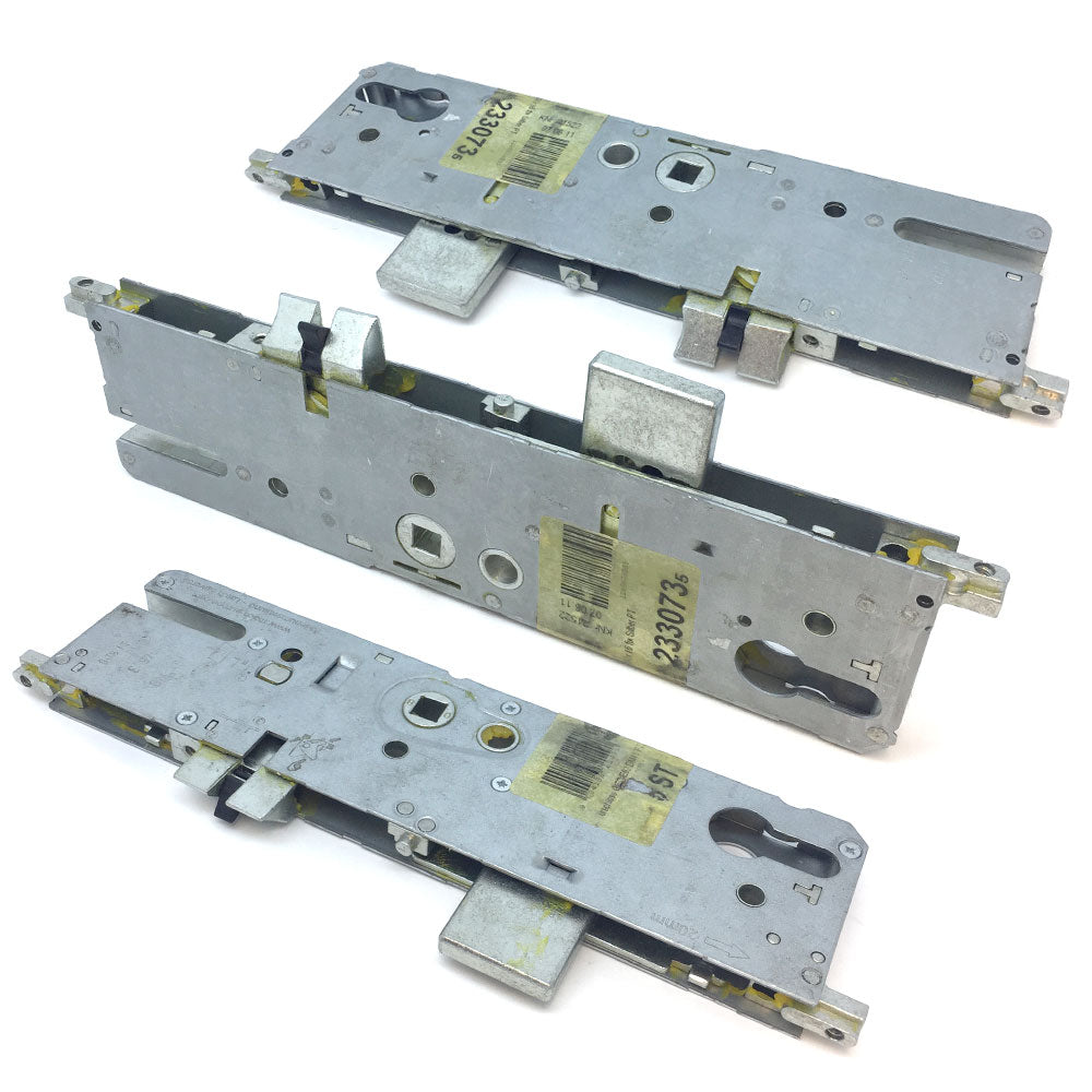 A set of metal door lock gearboxes, typically used in multipoint locking systems, displayed on a white background.