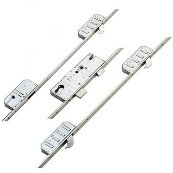Multi-point door locking mechanism with central euro profile lock case and multiple hook bolts along the metal strip. The system includes several locking points for enhanced door security, typically used on uPVC or composite doors
