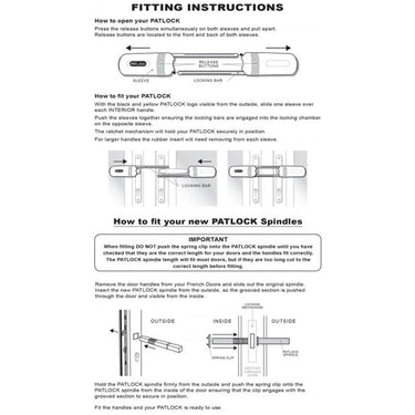 Fitting instructions for Patlock Security Lock designed for French doors and conservatories, with detailed diagrams showing how to open, fit the Patlock, and fit new Patlock spindles.