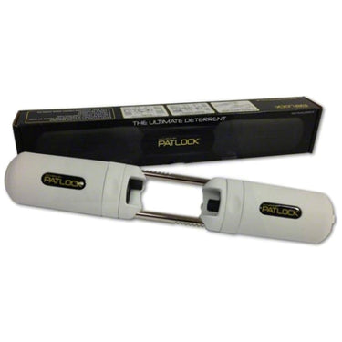 The image shows a pair of white Patlock security spindles for French doors alongside the product's black packaging box, which has the brand name 'Patlock' printed on it.