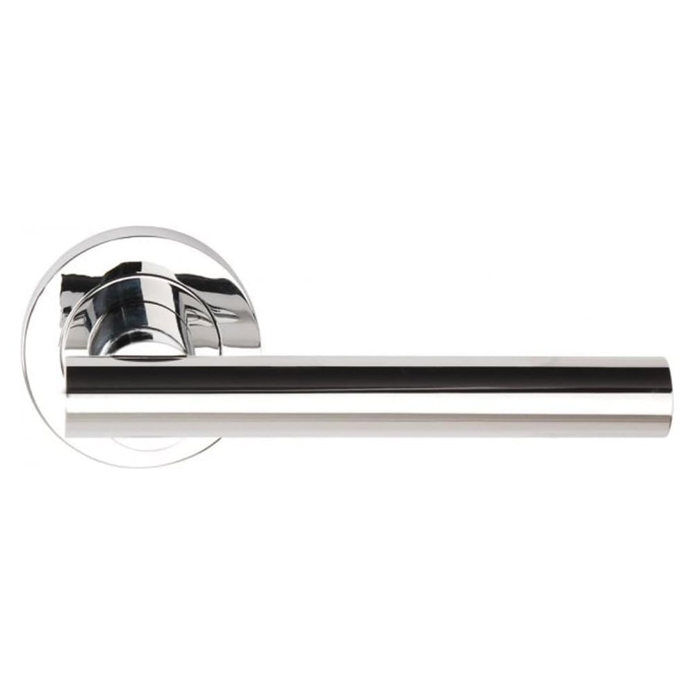 A polished chrome door handle lever on a rose, showcasing a sleek, modern design.