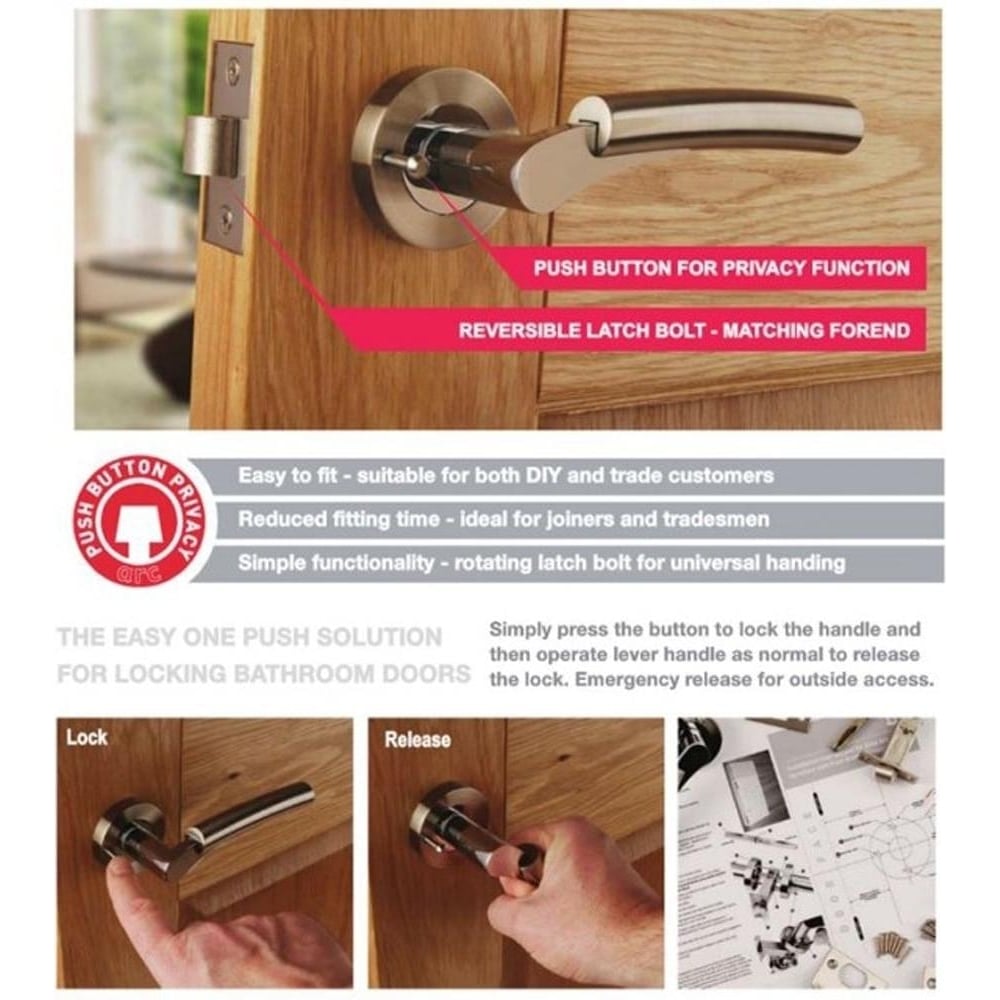 Privacy door handle with push button lock on wooden door, labeled features including reversible latch bolt and privacy function; instructions show locking and releasing handle, ideal for bathroom doors.