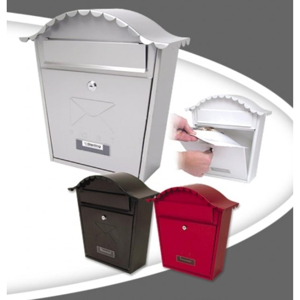 Three outdoor metal mailboxes in different colors: silver, black, and red. They have a classic style with an outward opening letter flap.