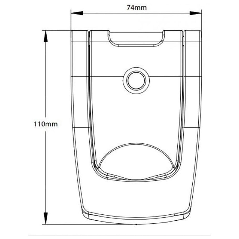 Technical drawing of a doorbell button with dimensions, measuring 110mm in height and 74mm in width.