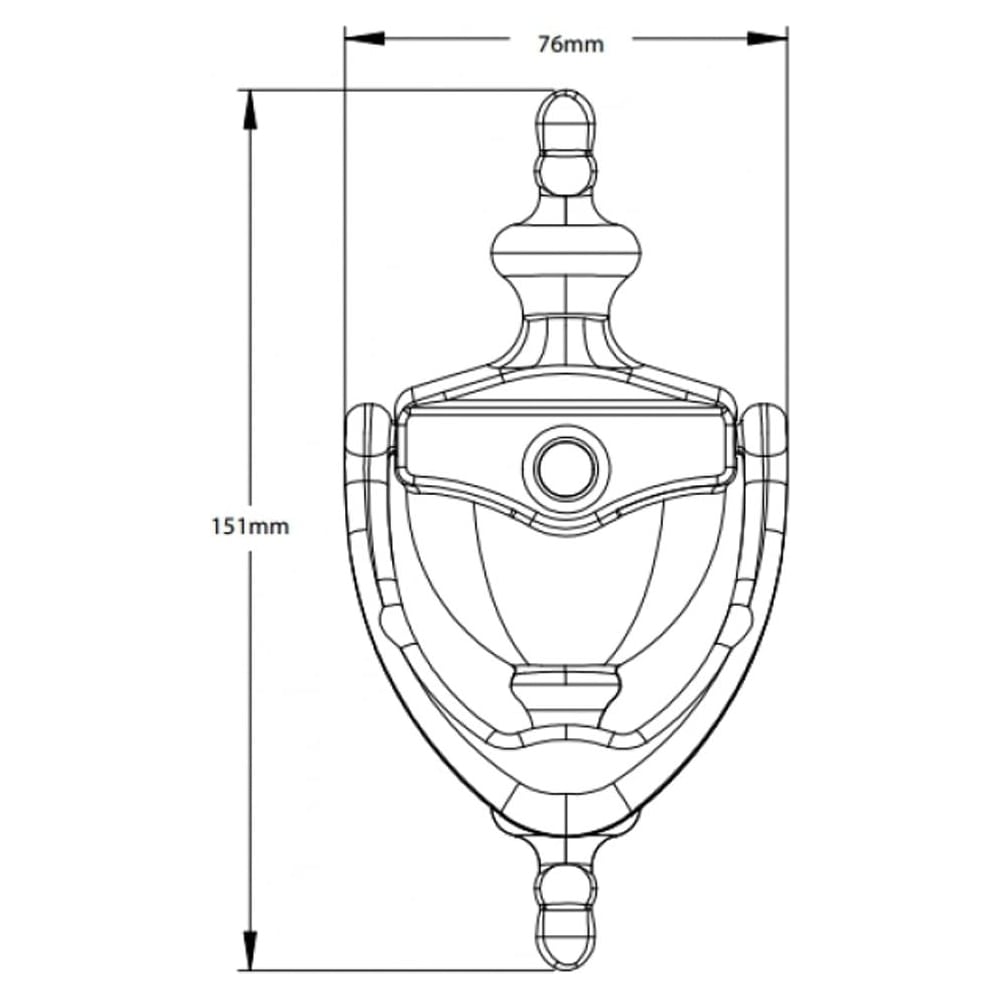 Technical drawing of a door knocker with dimensions 151mm height and 76mm width, designed in a classic Victorian urn style.