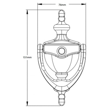 Technical drawing of a door knocker with dimensions 151mm height and 76mm width, designed in a classic Victorian urn style.