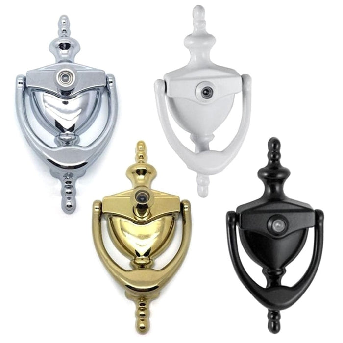 A collection of door knockers in different finishes including silver, white, gold, and black, each featuring a classic Victorian Urn design.