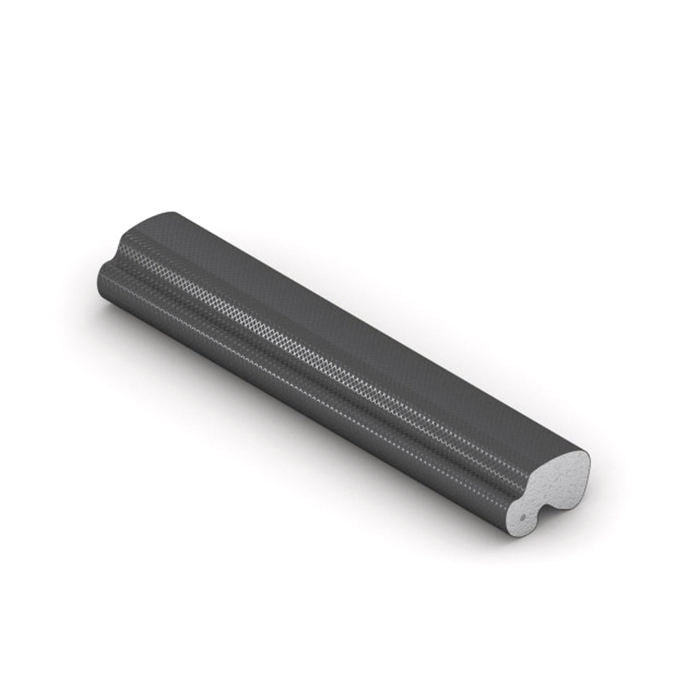 Dark gray weatherseal strip for windows and doors, showing a close-up view of the textured rubber material with a hollow core design for sealing.