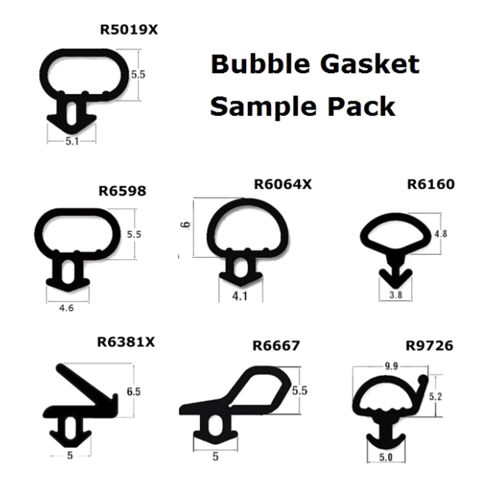 A selection of black rubber door and window seals of various shapes displayed against a white background, labeled as 'Bubble Gasket Sample Pack'.