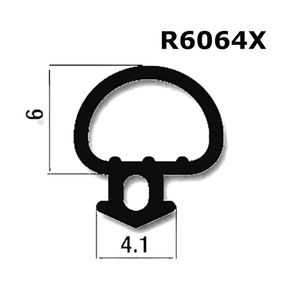 A black rubber door and window seal bubble gasket with dimensions labeled, 6mm by 4.1mm.