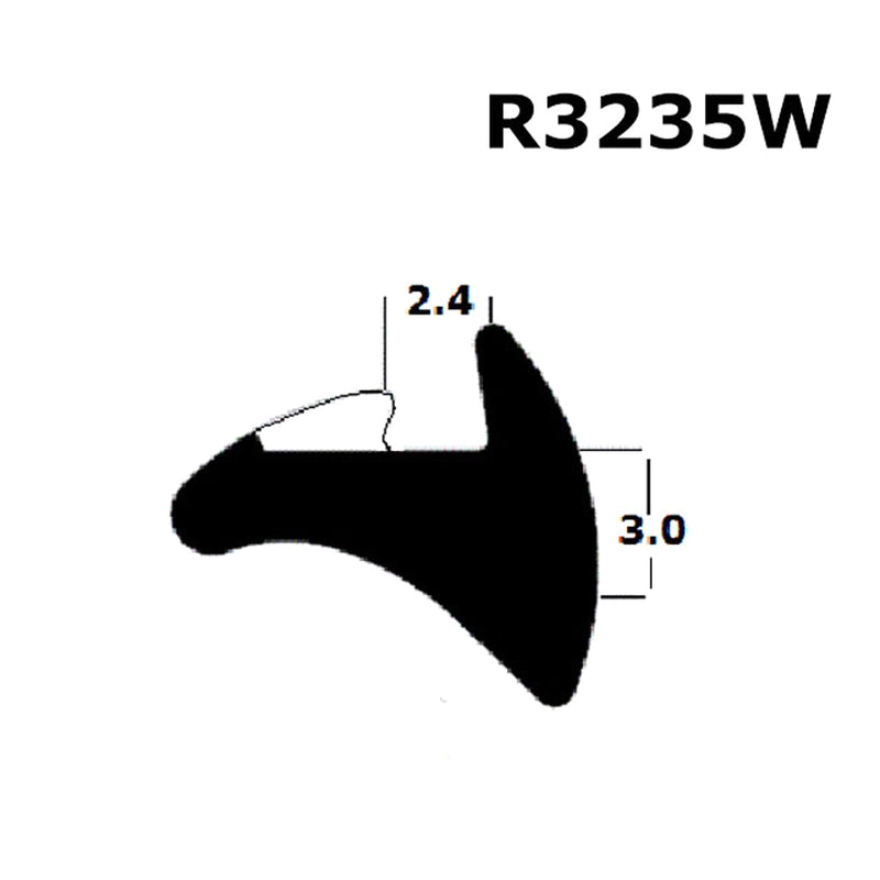A black rubber window or door gasket with dimensions labeled, sold by the meter.