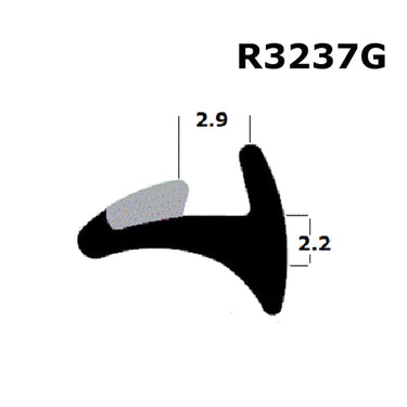 A black wedge gasket with dimensions labeled, used for sealing windows or doors.