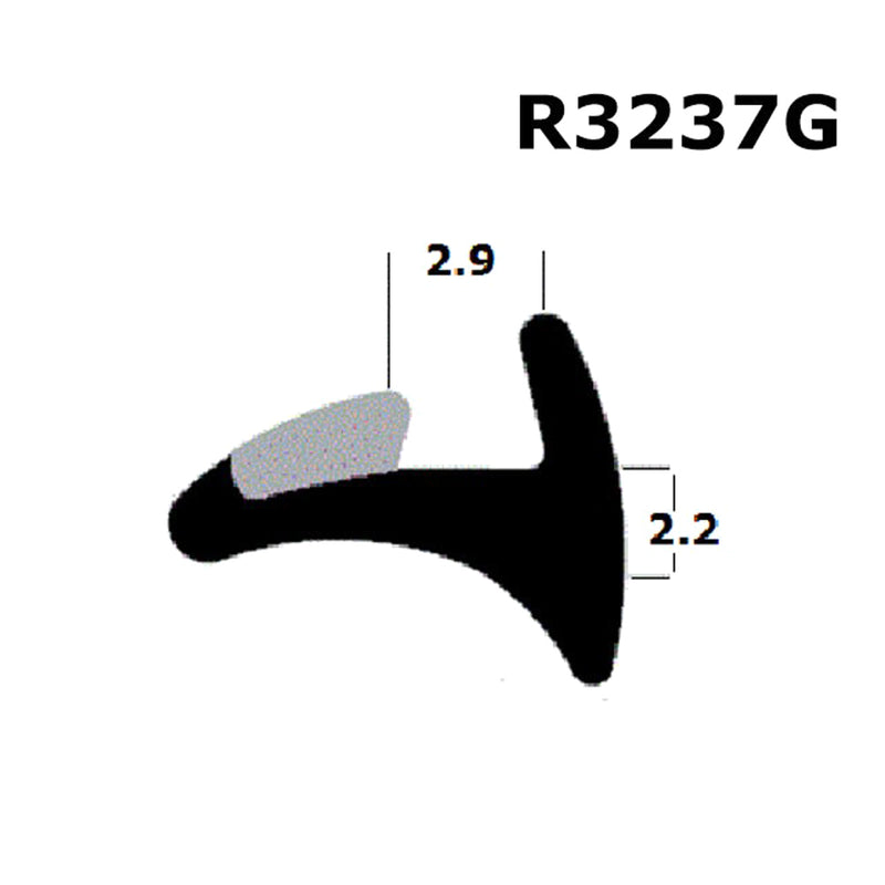 A black wedge gasket with dimensions labeled, used for sealing windows or doors.