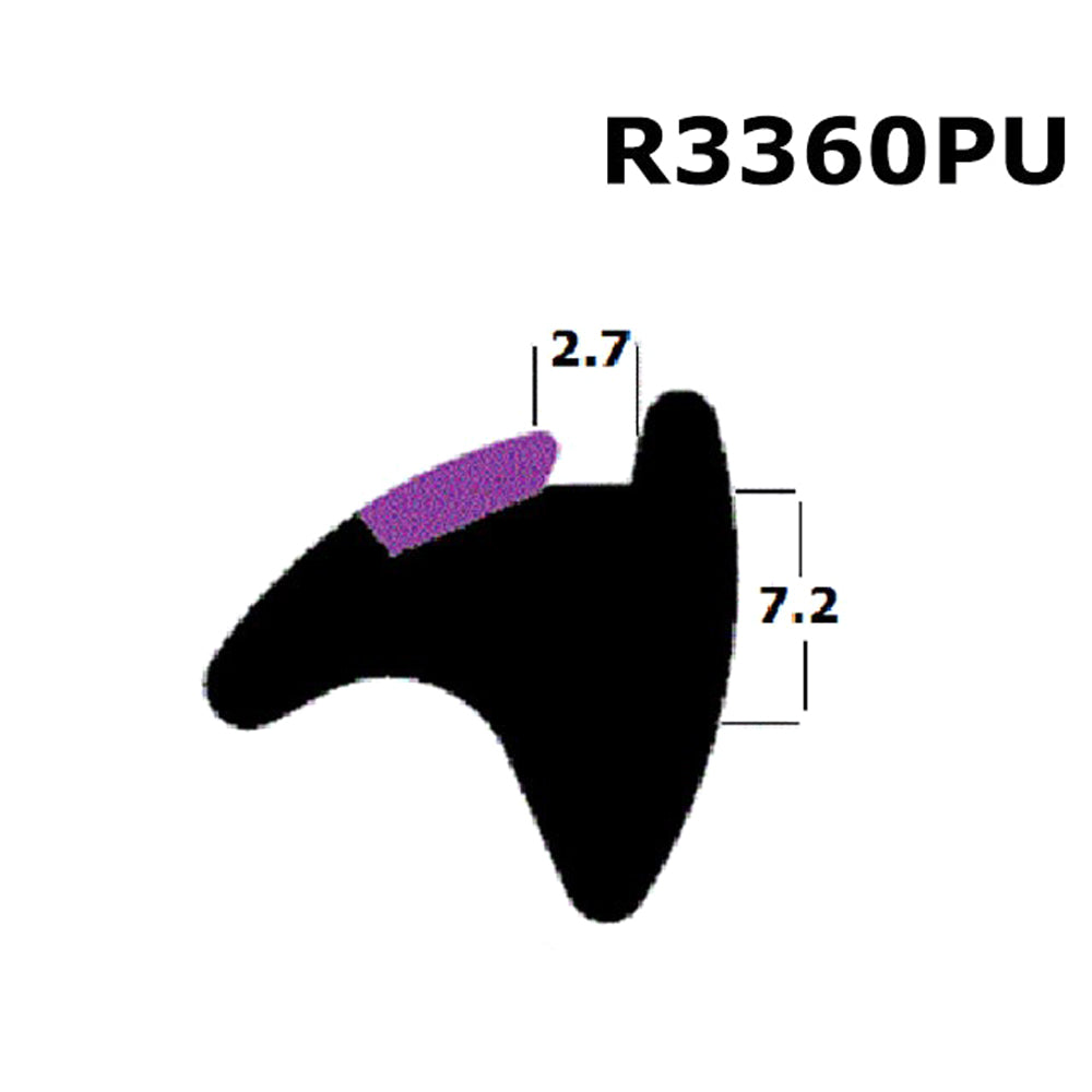 A diagram showing the shape and dimensions of a rubber seal for windows and doors, with measurements marked next to the seal.