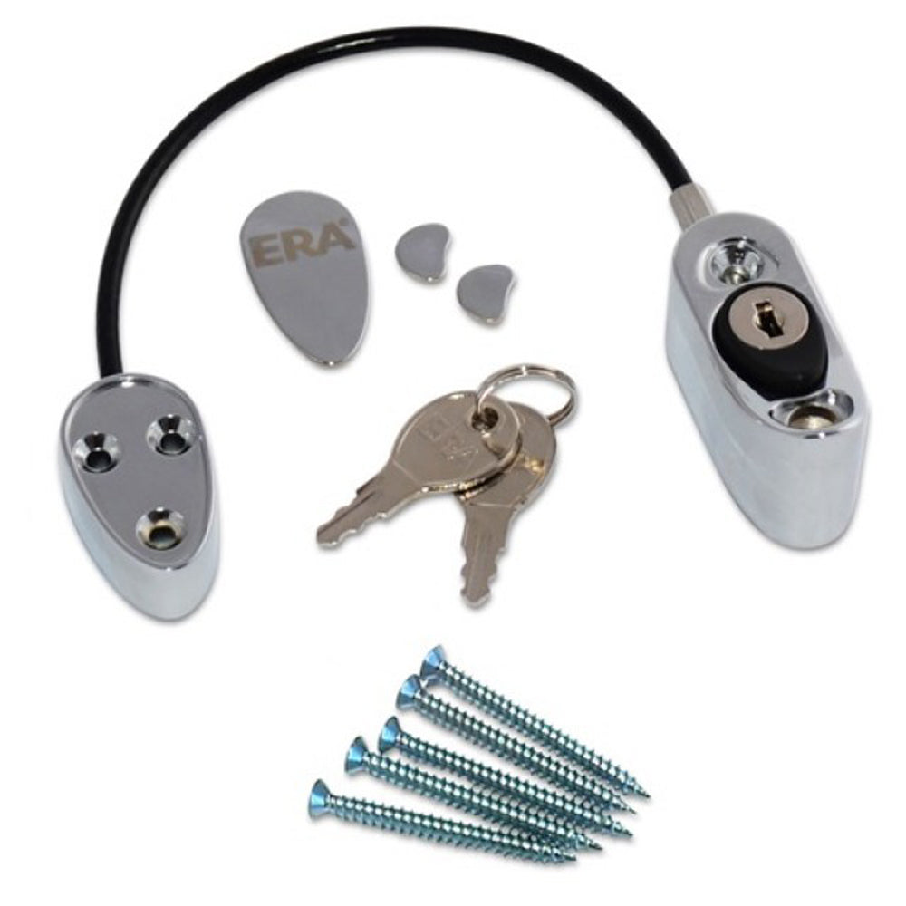 A silver locking cable restrictor with a key, along with a black push-to-release cable, for securing windows and doors, including screws and an installation tool.