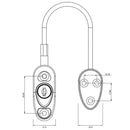 Technical diagram of a safety and security locking cable restrictor for windows and doors, showing detailed dimensions and key-operated locking mechanism.
