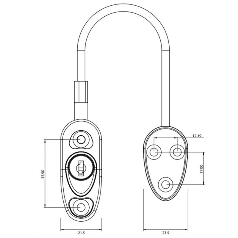 Technical diagram of a safety and security locking cable restrictor for windows and doors, showing detailed dimensions and key-operated locking mechanism.