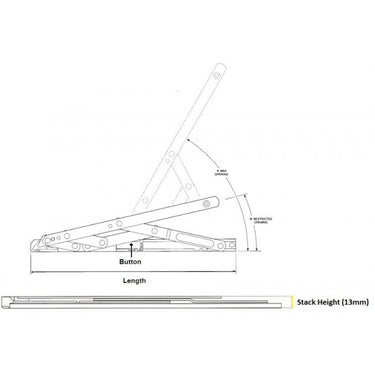 Technical diagram of a security restricted top hung window hinge (friction stay) showing opening angles, button position, length, and 13mm stack height.