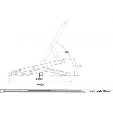 Technical diagram of a security restricted top hung window hinge (friction stay) showing opening angles, button position, length, and 13mm stack height.