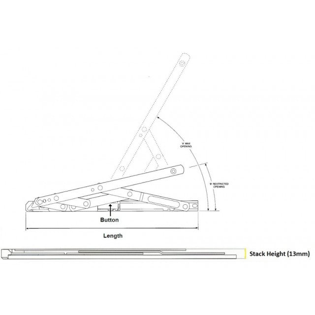 Technical diagram of a security restricted top hung window hinge (friction stay) showing opening angles, button position, length, and 13mm stack height.