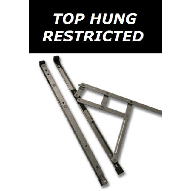A pair of silver top hung window hinges with friction stays, displayed against a white background with the text 'TOP HUNG RESTRICTED' above them.