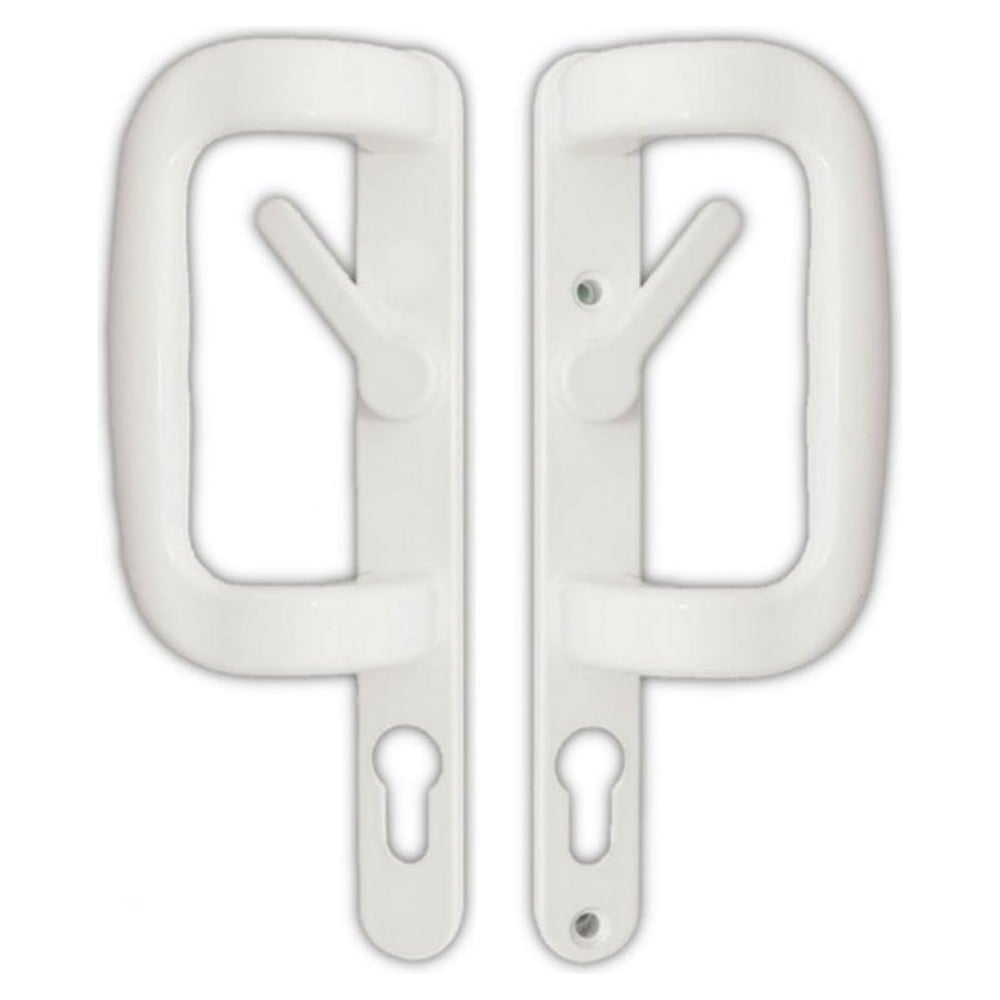 A pair of white sliding patio door handles.