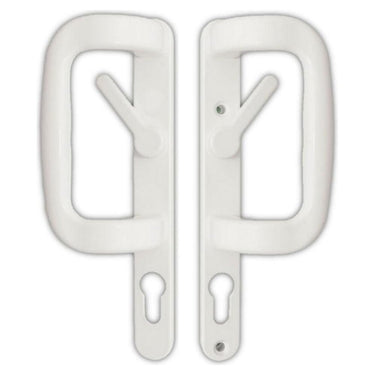 A pair of white sliding patio door handles.