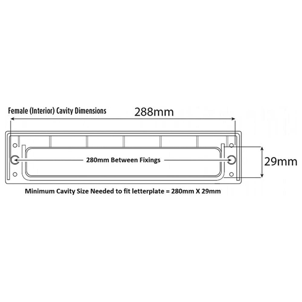 Letterplate cavity dimensions: 288mm wide, 29mm high, 280mm between fixing holes.