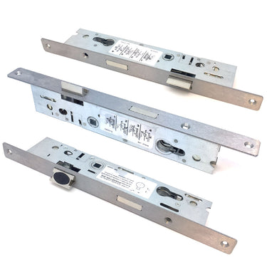 A set of metal door lock mechanisms, including different parts and sub-assemblies, displayed on a white background.