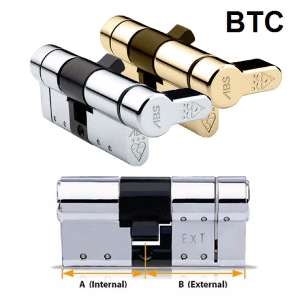 An image showing a Thumb Turn Avocet ABS High Security Euro Cylinder in two different finishes, silver and gold, with a technical diagram below.
