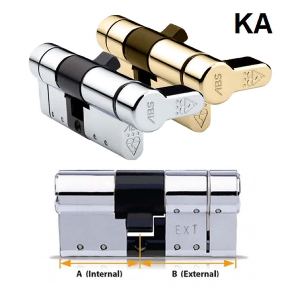 The image shows a Thumb Turn Avocet ABS High Security Euro Cylinder with a key. It is presented in three color variations: silver, gold, and black.