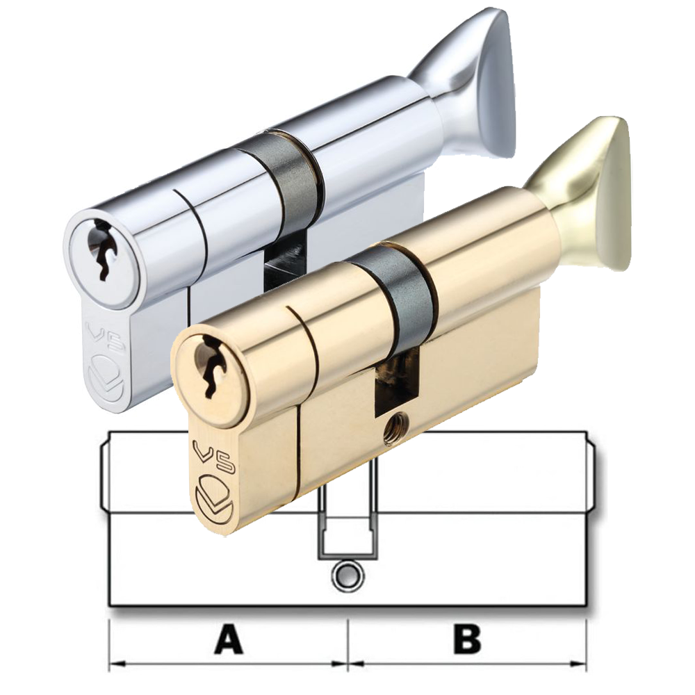 Illustration of a thumb-turn cylinder lock with a keyhole, shown in silver and gold colors, with a technical drawing below depicting the dimensions 'A' and 'B'.