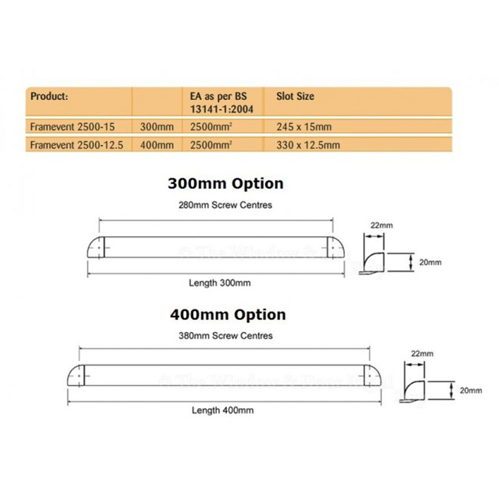 Technical diagram of trickle vents for uPVC and timber windows, showing 300mm and 400mm size options with dimensions, screw centers, and slot size specifications.