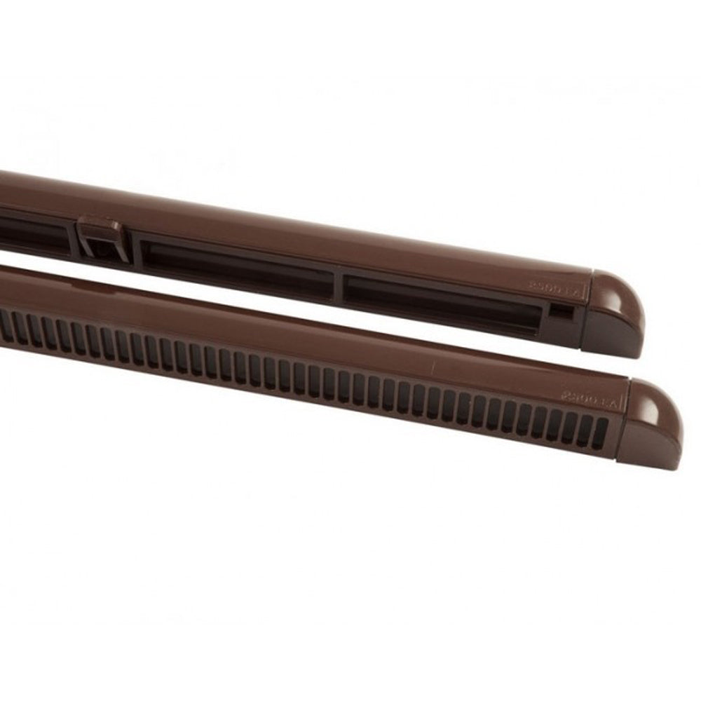 A brown trickle vent for uPVC and timber windows, showing the internal mechanism and the external canopy with snap-on quick-fit end caps.