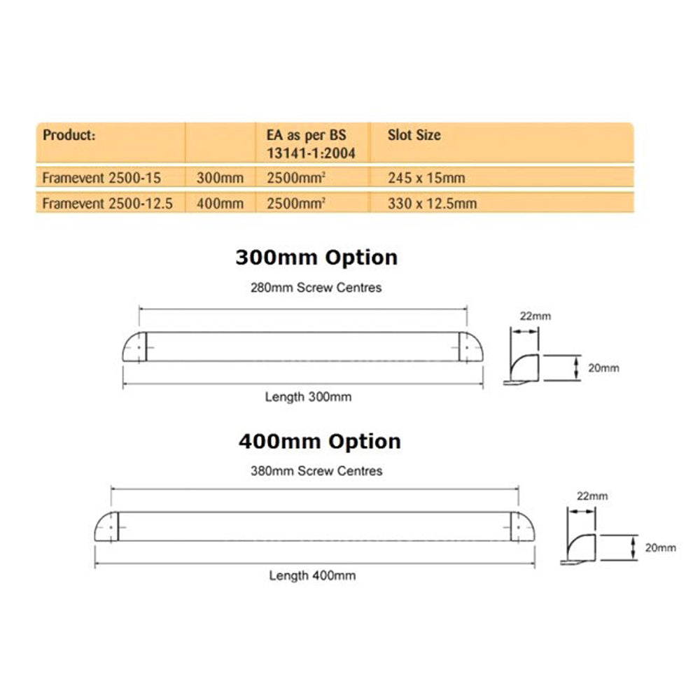Technical diagram of trickle vents for uPVC and timber windows, showing 300mm and 400mm size options with dimensions, screw centers, and slot size specifications.