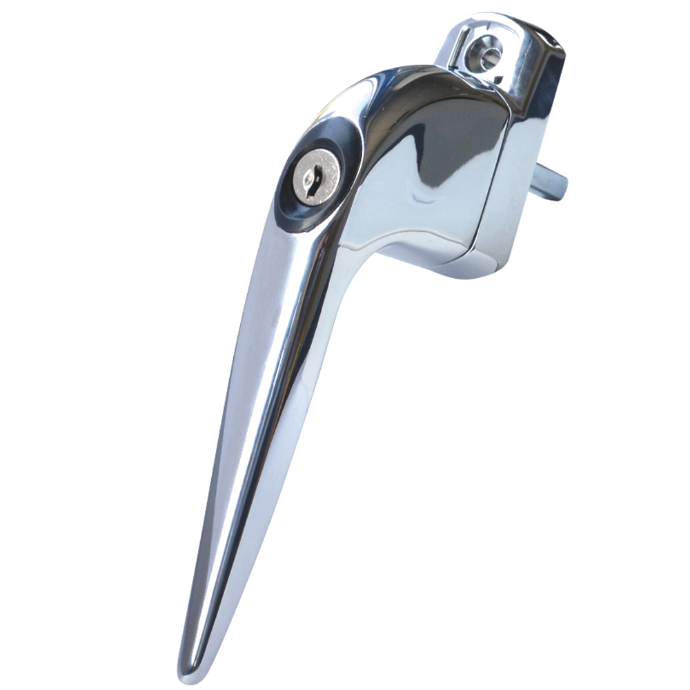 Chrome-finished window handle with an integrated lock cylinder and a square spindle for mounting, shown at an angle