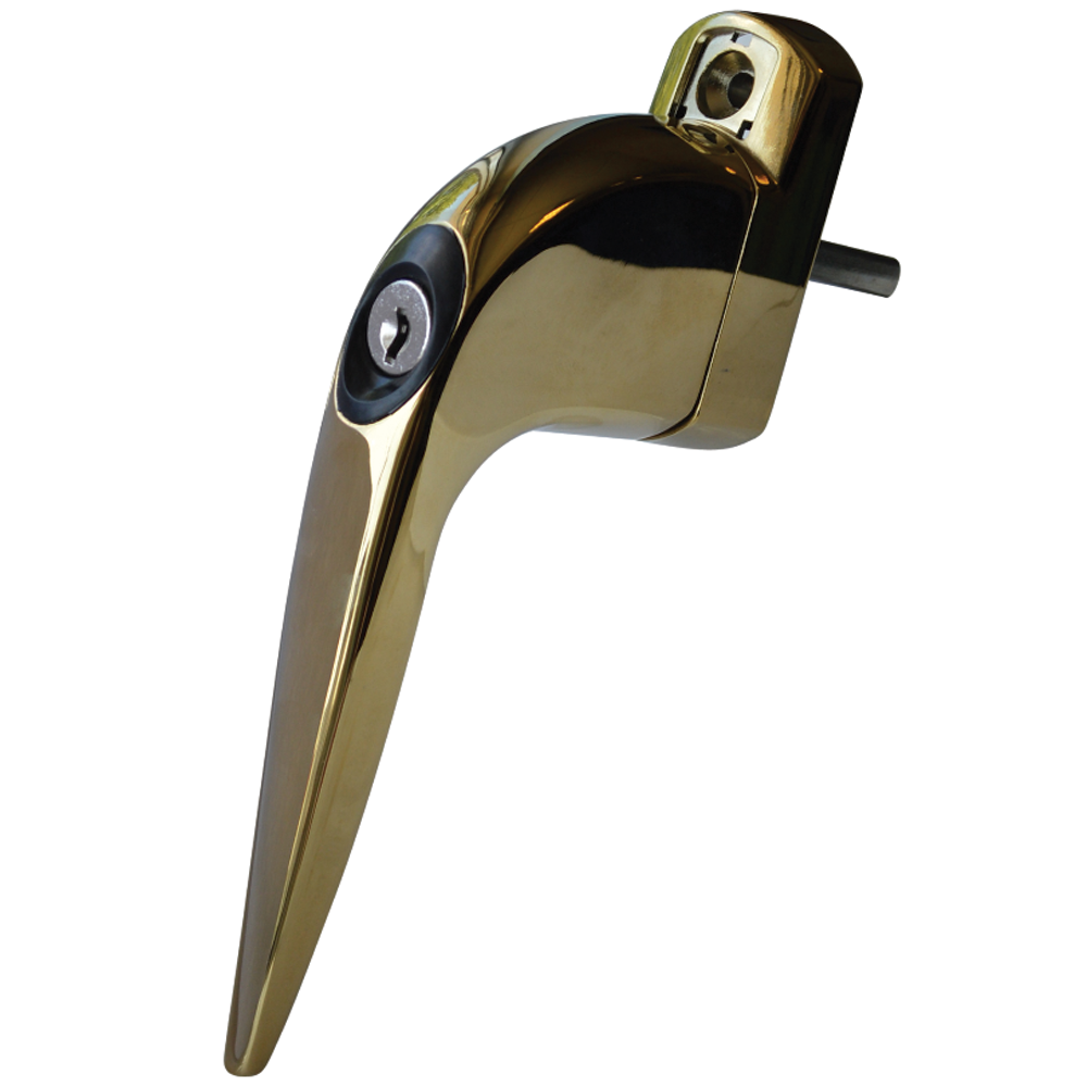 Gold-colored window handle with an integrated lock cylinder and a square spindle protruding from the back for mounting