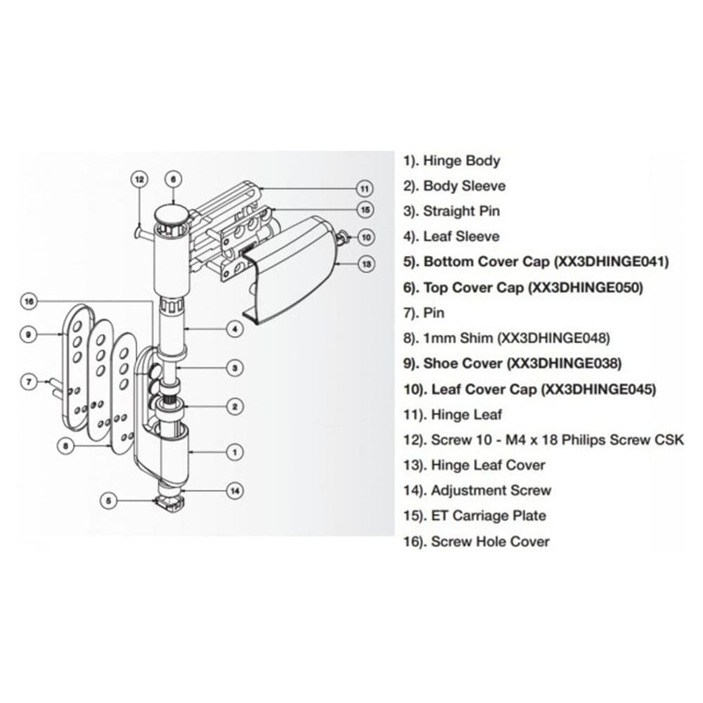 Exploded diagram of a door hinge assembly with labeled parts including hinge body, sleeve, pins, screws, and various cover components. A numbered list on the right identifies each part.