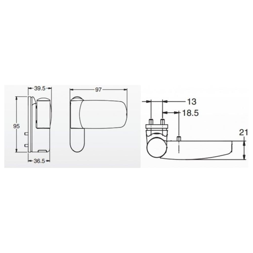 Technical drawing of a window handle with detailed measurements, showing front, side, and top views with dimensions labeled in millimeters.