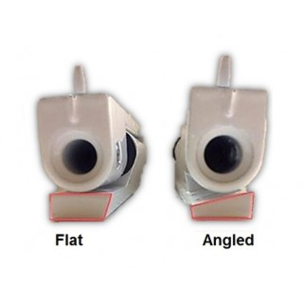 Comparison of two UPVC butt door hinges showing flat and angled base types, highlighting the difference in installation surface alignment for UPVC doors.