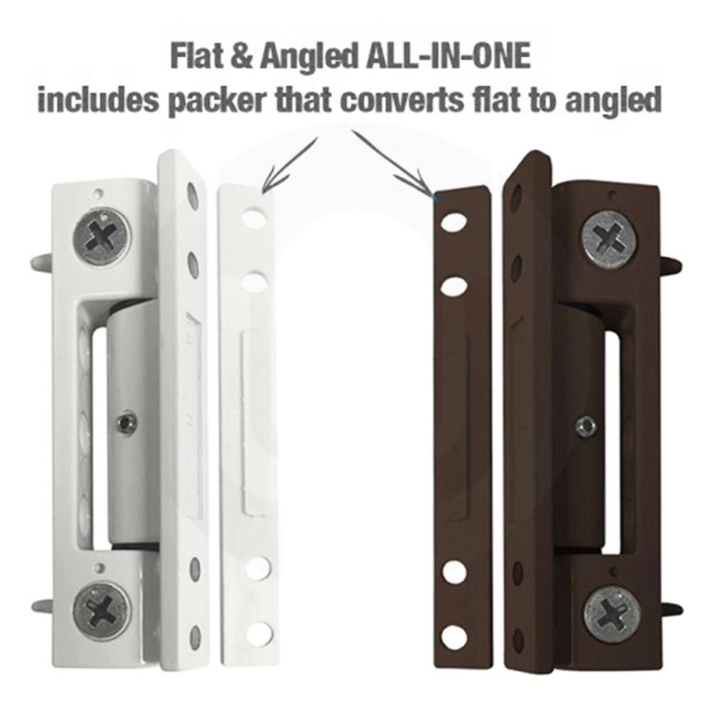 Two UPVC butt door hinges, one in silver and one in brown, displayed side by side with text explaining that they are suitable for flat or angled profiles and include a packer to convert flat to angled.