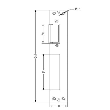Technical drawing of a uPVC door centre latch and deadbolt keep, showing dimensions of 243mm in height, 31mm in width, and keyhole placements, designed for secure door locking mechanisms.